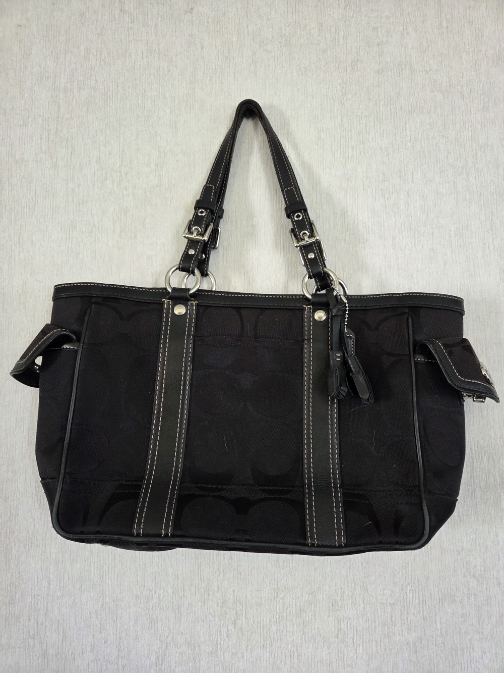 Coach Black Signature Jacquard Tote with Leather Straps